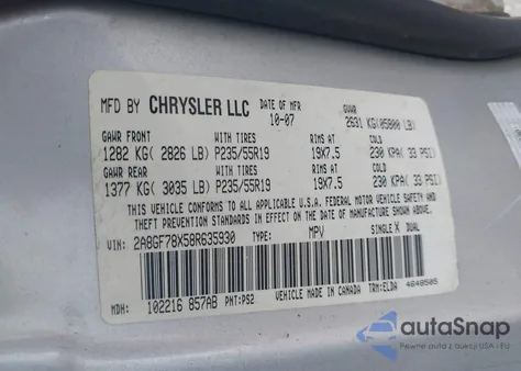 2008 Chrysler Pacifica Limited from USA, damaged, VIN 2A8GF78X58R635930